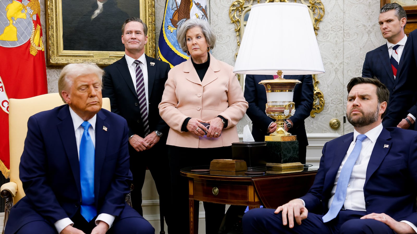 Donald Trump, U.S. National Security Adviser Michael Waltz, White House Chief of Staff Susie Wiles, U.S. Vice President JD Vance, and U.S. Secretary of Defense Pete Hegseth, listen as Israeli Prime Minister Benjamin Netanyahu speaks during a meeting in the Oval Office.