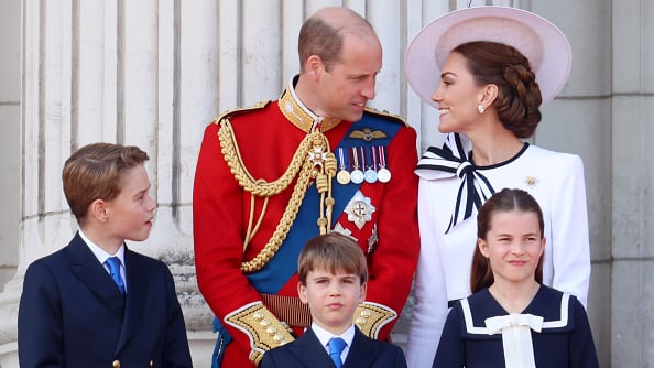 Prince George, Prince William, Prince Louis, Princess Charlotte, and Kate Middleton during Trooping the Colour at Buckingham Palace on June 15, 2024 in London, England.