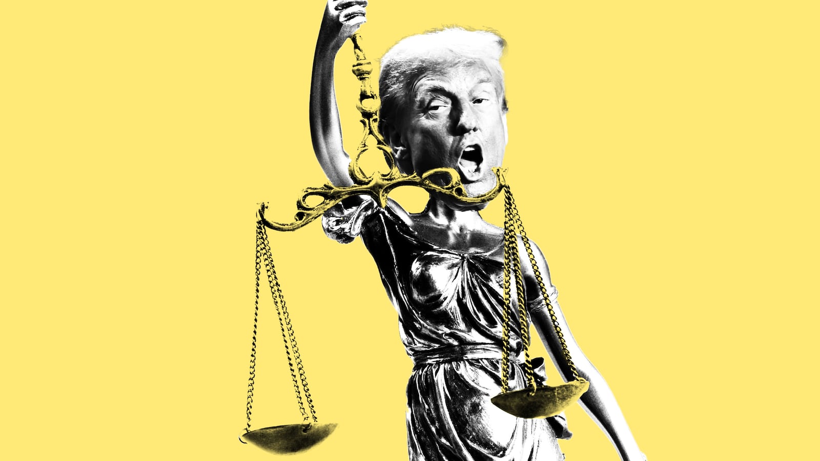 Donald Trump as Lady Justice on a yellow background