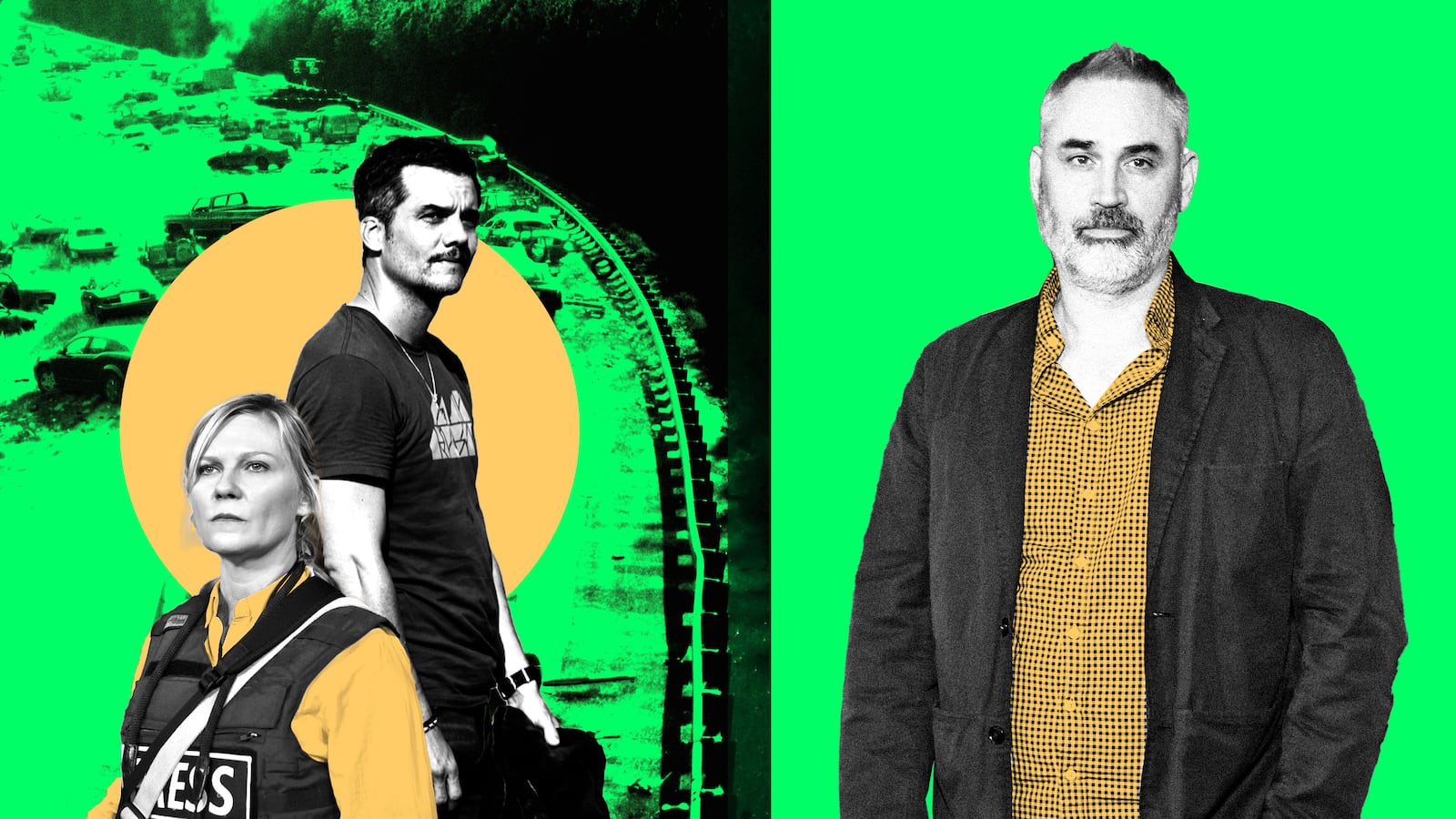 A photo illustration of Alex Garland with Kristen Dunst and Wagner Moura