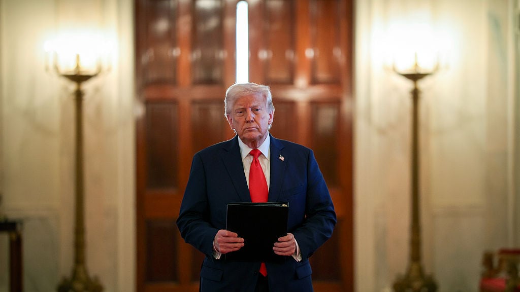 U.S. President Donald Trump arrives for a presentation ceremony for the Commander-in-Chief Trophy to the U.S. Naval Academy in the East Room of the White House on April 15, 2025 in Washington, DC.