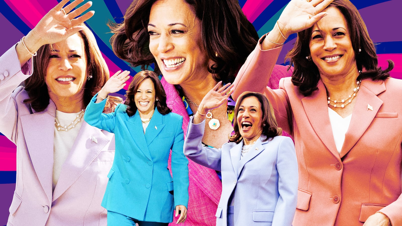 A photo illustration of Kamala Harris' fashion on the campaign trail.