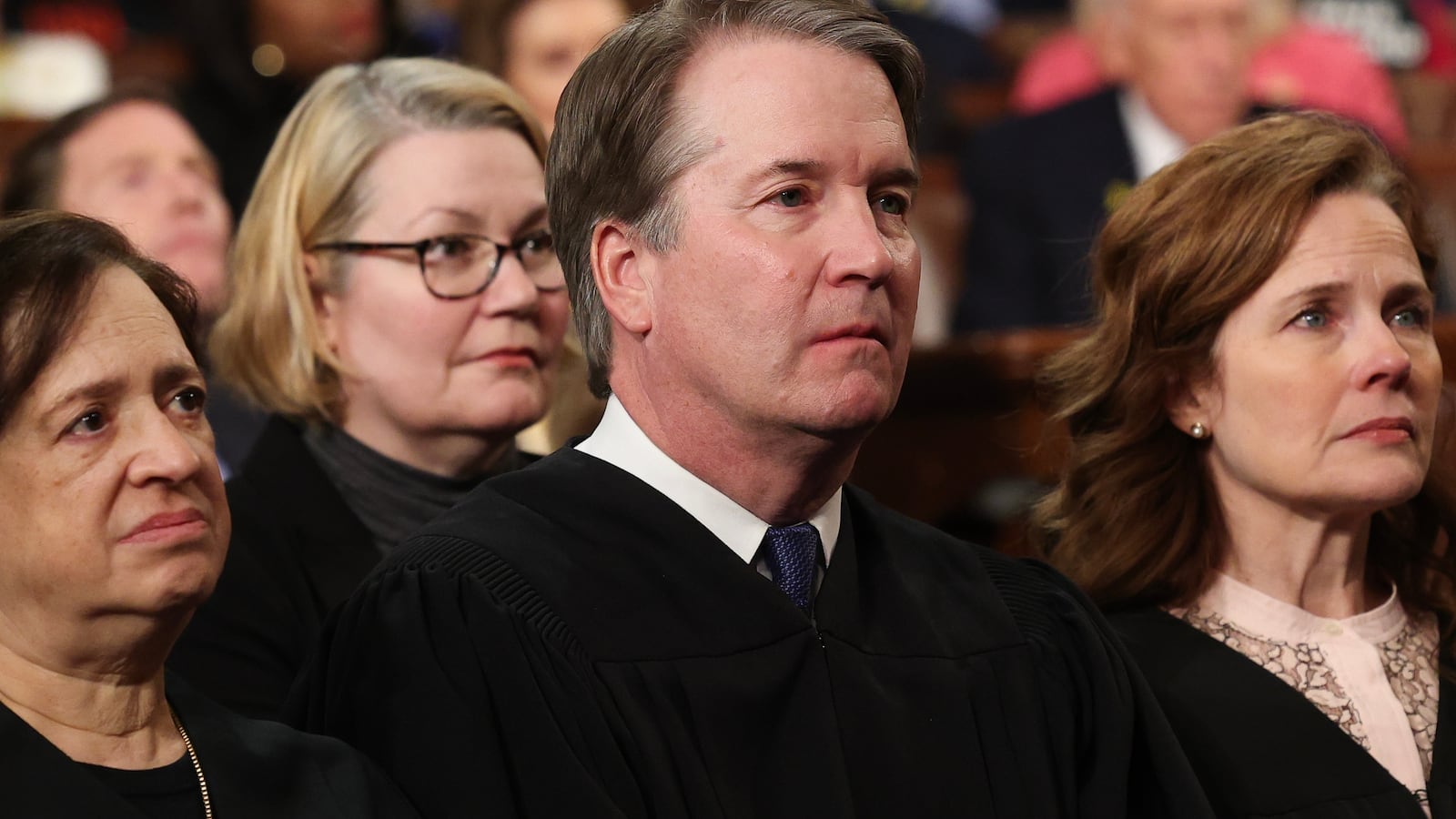 (L-R) U.S. Supreme Court Justice Elena Kagan, Supreme Court Chief Justice John Roberts and Amy Coney Barrett attend U.S. President Donald Trump's address to a joint session of Congress at the U.S. Capitol on March 04, 2025 in Washington, DC.