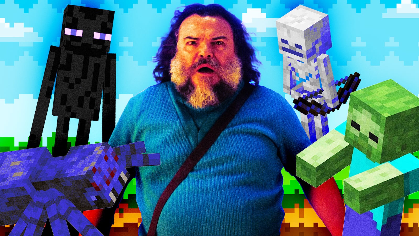 A photo illustration of Jack Black and characters from the Minecraft video game.