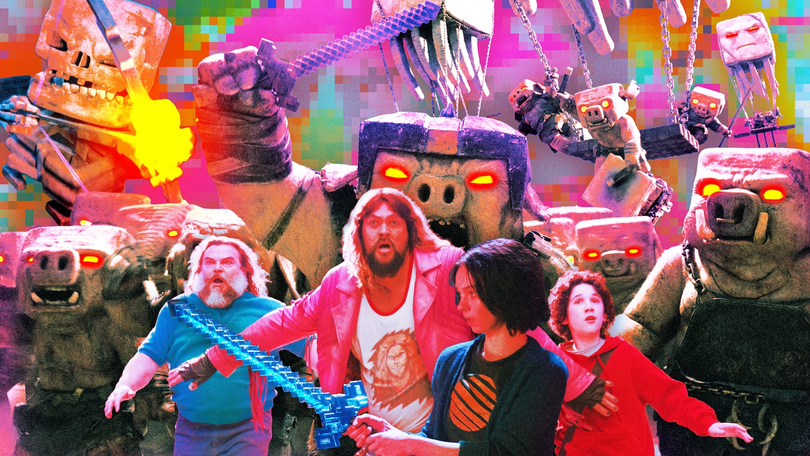 A photo illustration of Jack Black, Jason Momoa, Emma Myers, Sebastian Hansen, and Piglins and Ghasts in A Minecraft movie.